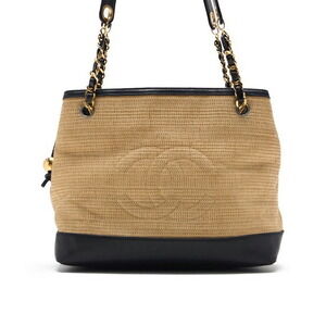 Chanel Coco Mark Double Chain Shoulder Bag Straw Lambskin Beige Black
